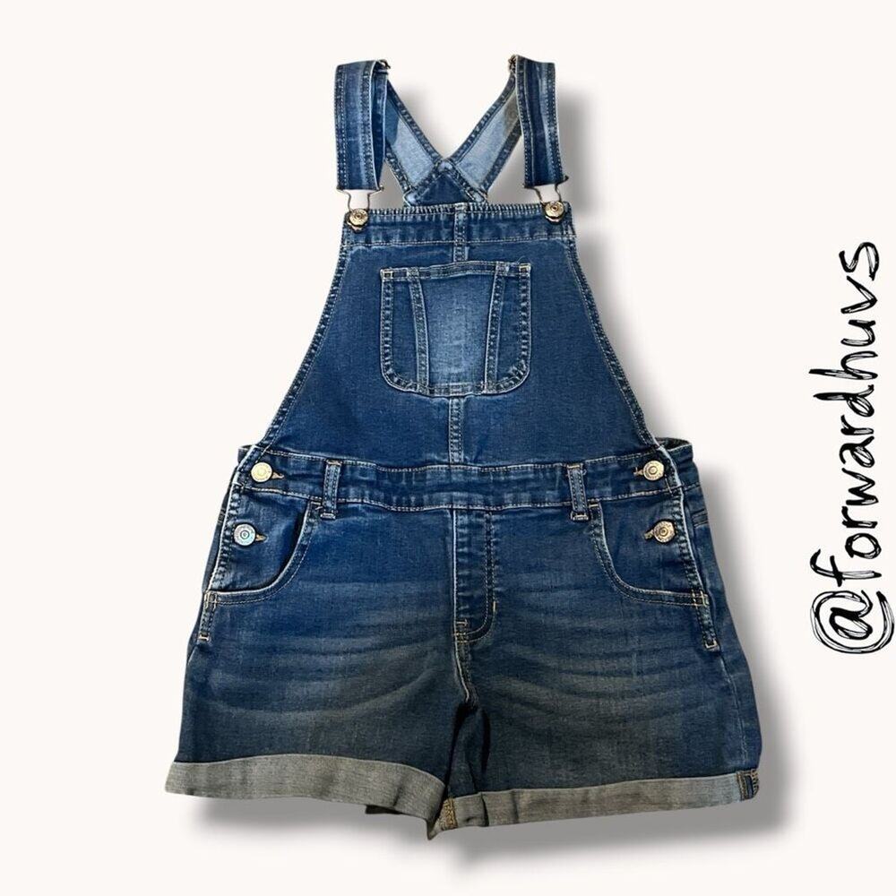 Jordache Stretch Denim Short Overalls Medium Wash Cuffed XL 14/16